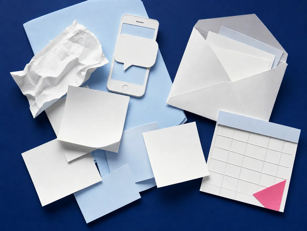 Scattered paper notes, printouts and a phone on a desk